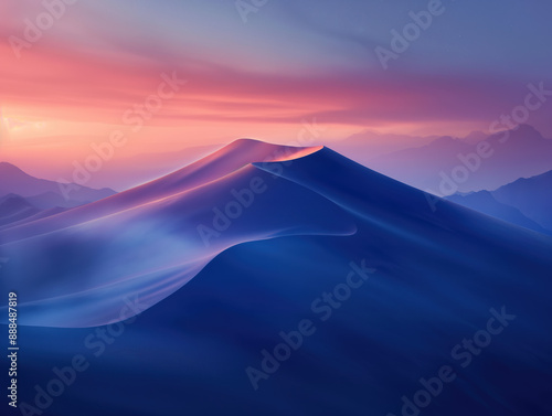 Stunning Multicolored Sand Dunes at Twilight with Distant Mountains and a Soft Gradient Sky Under a Setting Sun Creating a Serene and Dreamlike Landscape

