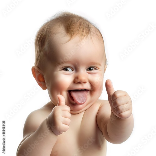 Charming baby giving a thumbs up with a joyful smile and tongue out, isolated on a white background.Perfect for concepts of positivity, approval, and childhood joy.Newborn baby with cute and exaggerat