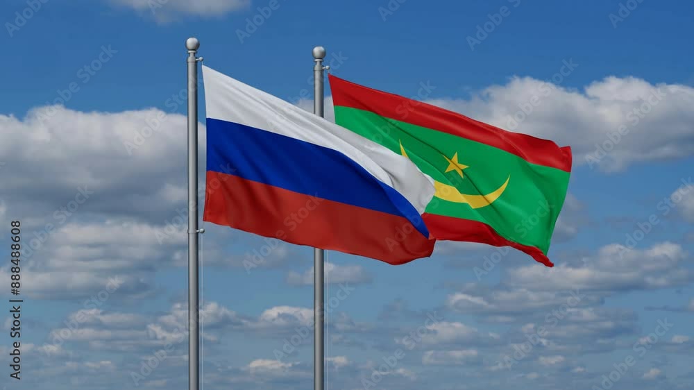 Mauritania and Russia flags flying together, video concept of the relationship, two country relations concept Mauritania and Russia flags flying together, video concept of the relationship, two country relations concept
