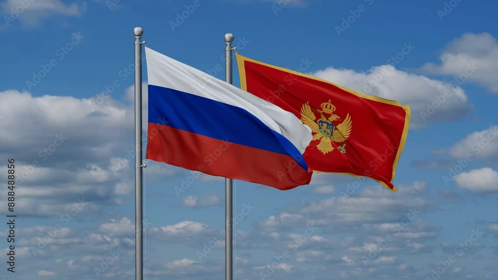 Montenegro and Russia flags flying together, video concept of the relationship, two country cooperation concept Montenegro and Russia flags flying together, video concept of the relationship, two country cooperation concept