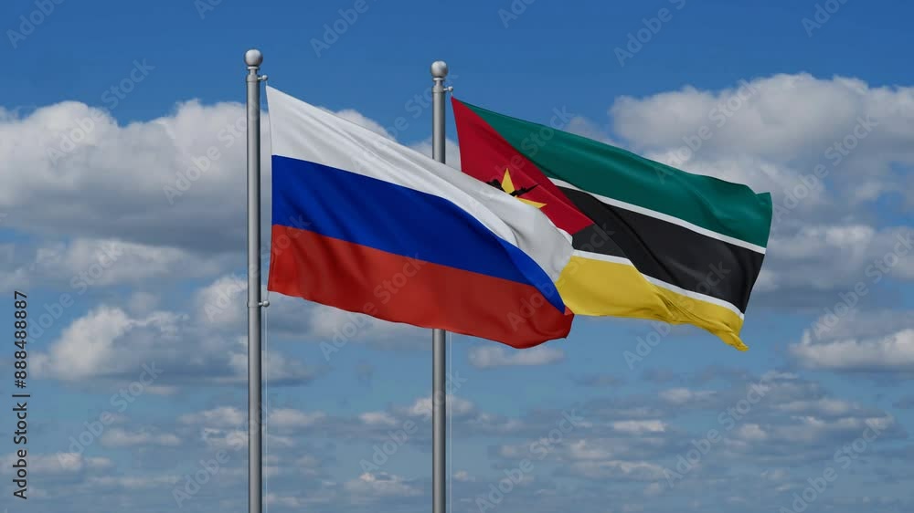 Mozambique and Russia flags flying together, video concept of the relationship, two country cooperation concept Mozambique and Russia flags flying together, video concept of the relationship, two country cooperation concept