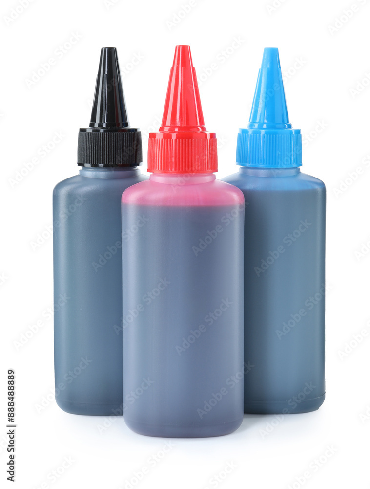 Bottles of different printer ink isolated on white Bottles of different printer ink isolated on white