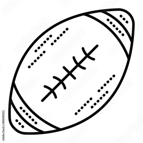Black line oval rugby ball. Vector monochrome illustration of sport accessory, editable stroke