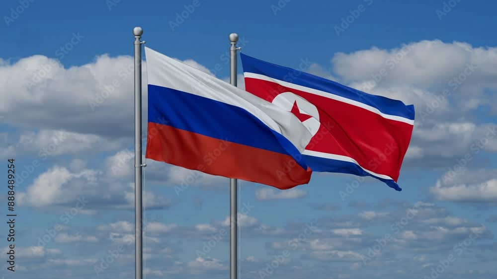 North Korea and Russia flags flying together, video concept of the relationship North Korea and Russia flags flying together, video concept of the relationship