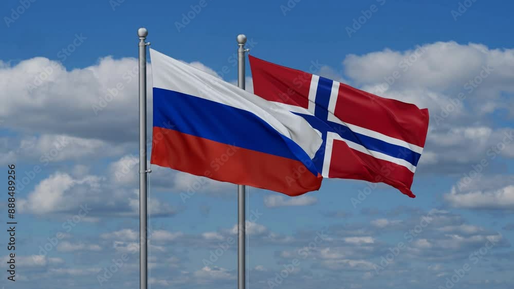 Norway and Russia flags flying together, video concept of the relationship, two country relations concept Norway and Russia flags flying together, video concept of the relationship, two country relations concept