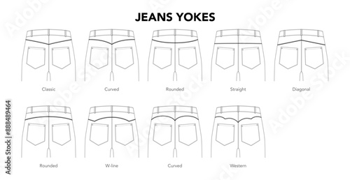 Set of Jeans Jokes Pants details - Classic, Curved, Rounded Straight, Western Diagonal Pockets styles technical fashion illustration. Flat apparel template. Women, men unisex CAD mockup isolated