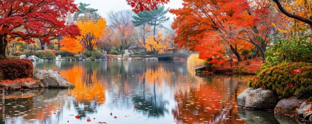 Obraz premium A tranquil pond reflecting autumn foliage.