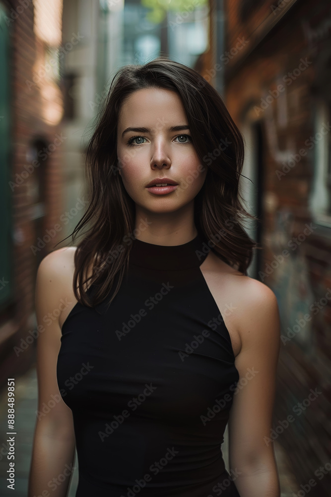 Fototapeta premium A young woman wearing a black dress walks down a narrow, brick alley. The light catches the curves of her dress and the glow of her skin.