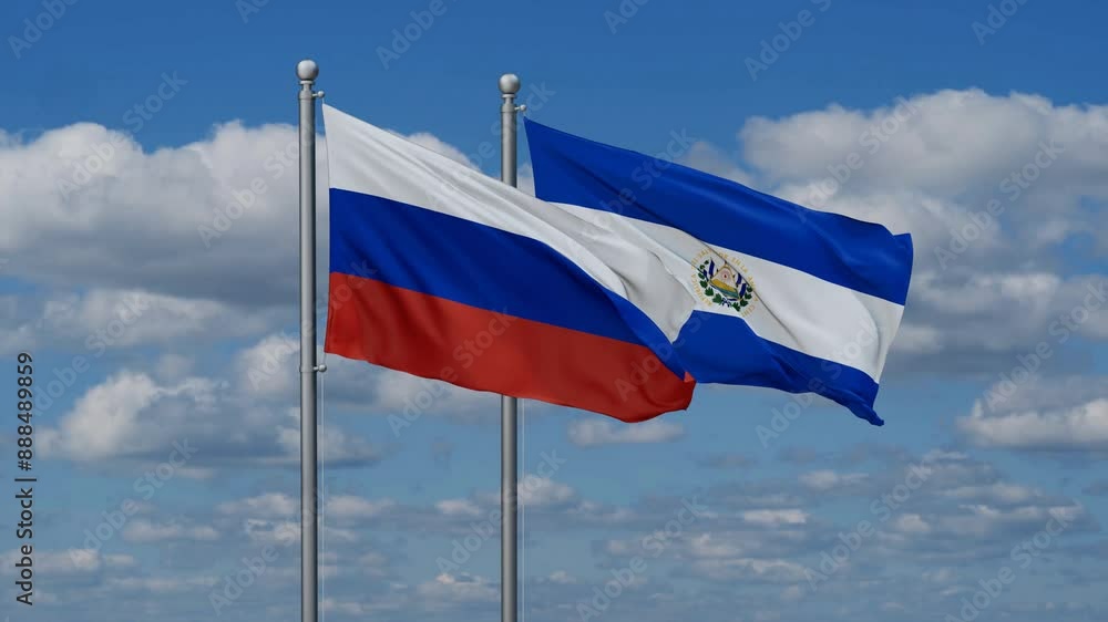 Republic of El Salvador and Russia flags flying together, video concept of the relationship, two country cooperation concept Republic of El Salvador and Russia flags flying together, video concept of the relationship, two country cooperation concept