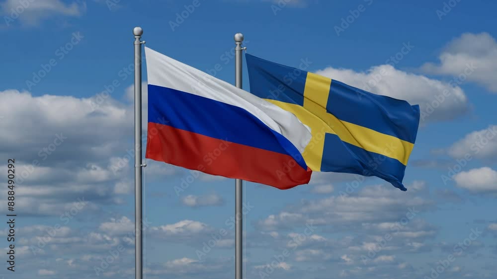 Sweden and Russia flags flying together, video concept of the relationship, two country cooperation concept Sweden and Russia flags flying together, video concept of the relationship, two country cooperation concept