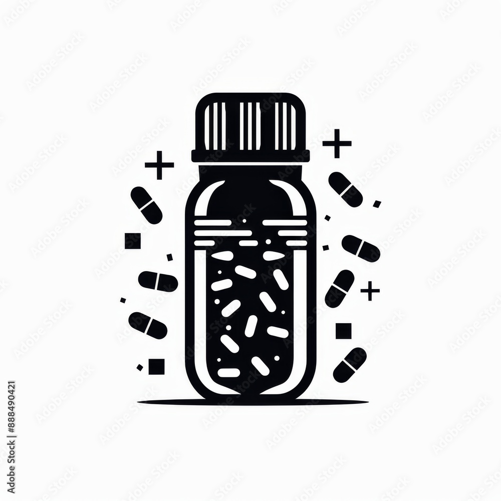 Black and White Medicine Bottle with Pills - Minimalist Health Concept Illustration. Black and White Medicine Bottle with Pills - Minimalist Health Concept Illustration.