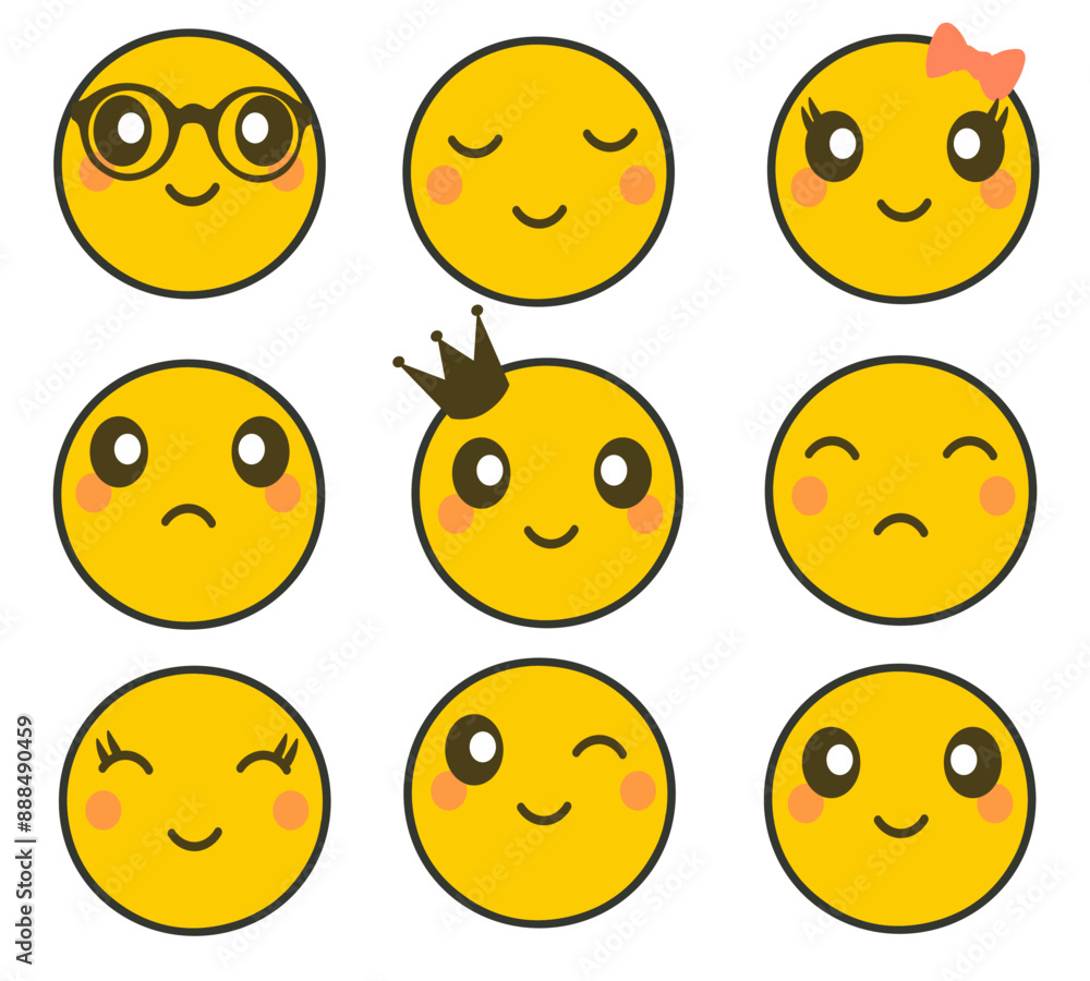 Set of emoji, emoticons, vector illustration. Isolated on white background. Characters with different reactions on their faces. Set of emoji, emoticons, vector illustration. Isolated on white background. Characters with different reactions on their faces.