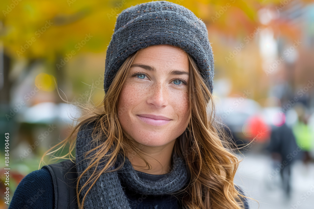 Close-up of a Caucasian woman in a grey cap and scarf on a street in the autumn season Close-up of a Caucasian woman in a grey cap and scarf on a street in the autumn season