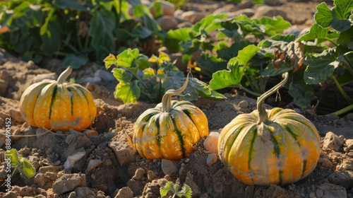 Pumpkin seeds in a garden in a desert environment, showing growing techniques in arid climates. generative ai