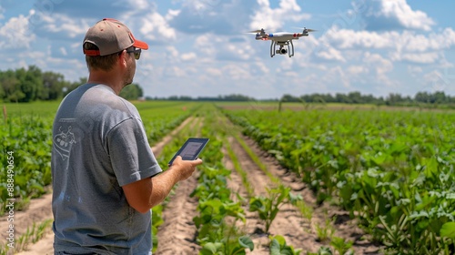 An Agricultural and Food Science Technician uses a drone to survey a vast agricultural field, collecting data for precision farming. photo