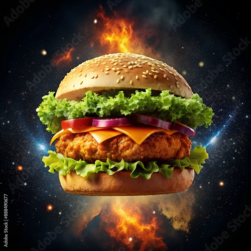 Fast Food concept, flying cheken ingredients in one delicious burger black background photo