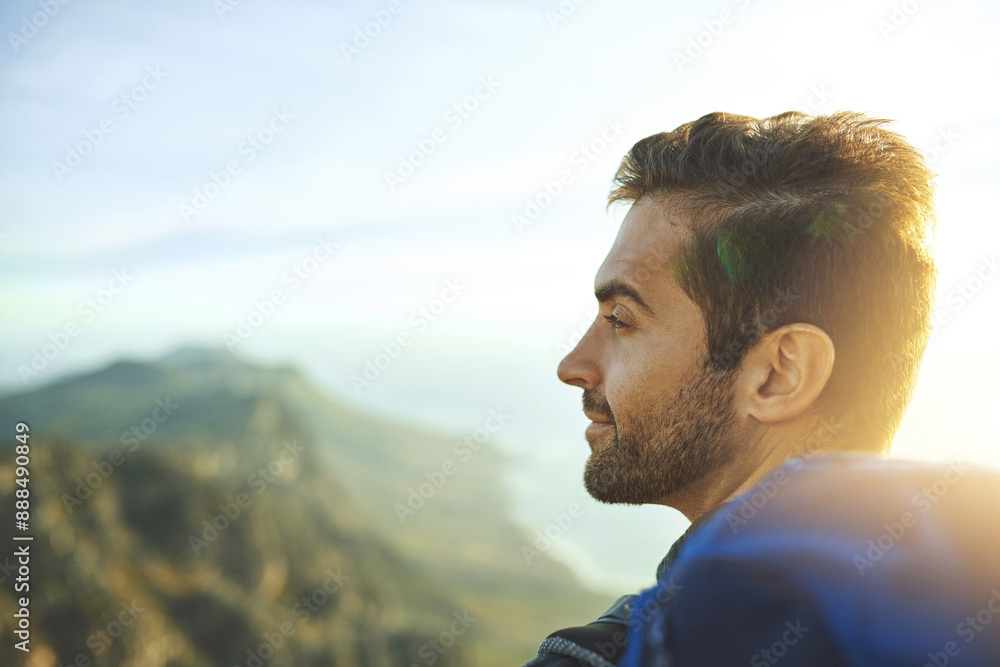 Man, mountain and outdoor fitness for wondering, travel and hiking in nature for tourism journey. Male person, profile and athlete for sky mockup space, thinking and exercise for holiday workout Man, mountain and outdoor fitness for wondering, travel and hiking in nature for tourism journey. Male person, profile and athlete for sky mockup space, thinking and exercise for holiday workout