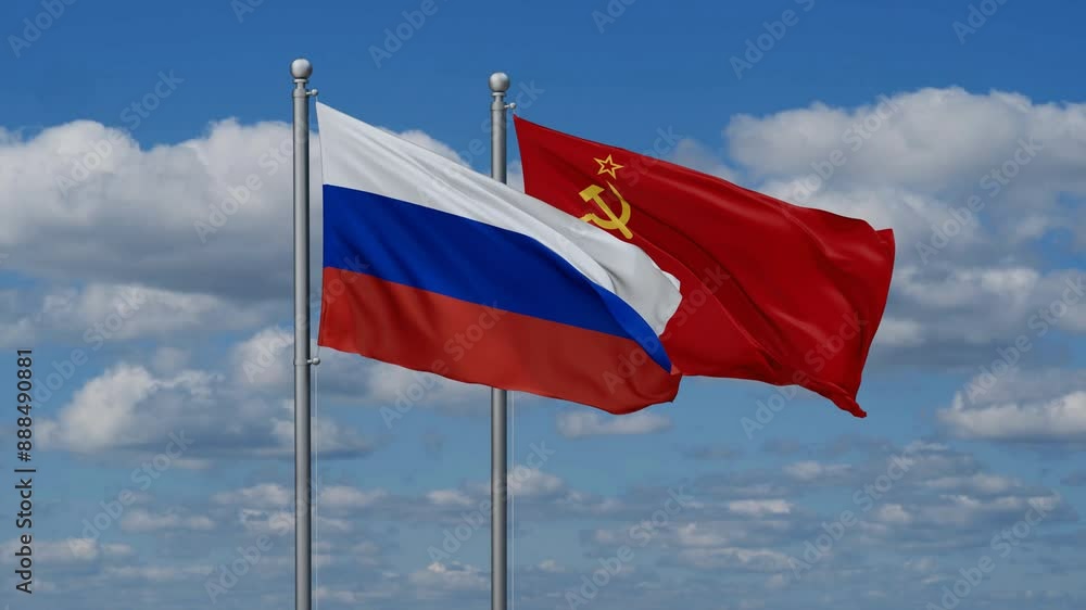 Soviet Union or USSR and Russia flags flying together, video concept of the relationship, two country cooperation concept Soviet Union or USSR and Russia flags flying together, video concept of the relationship, two country cooperation concept
