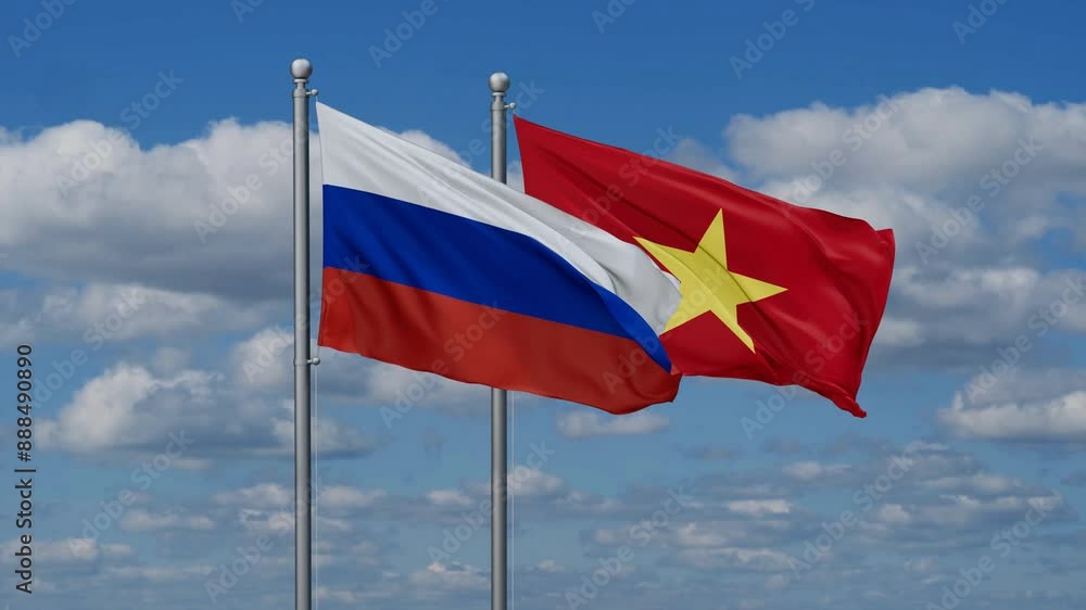 Vietnam and Russia flags flying together, video concept of the relationship Vietnam and Russia flags flying together, video concept of the relationship
