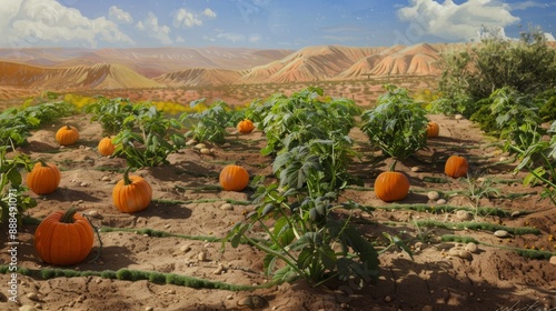 Pumpkin seeds in a garden in a desert environment, showing growing techniques in arid climates. generative ai