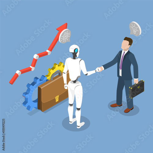 3D Isometric Flat Vector Illustration of Contract With Ai Robot, Shaking Hands with Robot