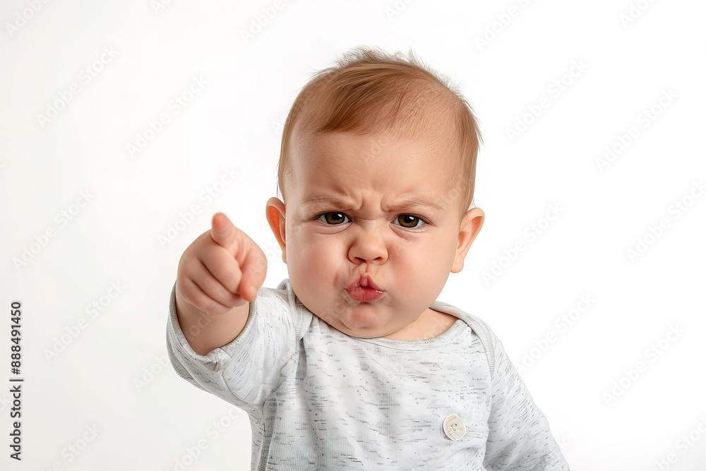 A baby with an angry expression is pointing at the camera isolated on white background photo realistic,concepts of emotions, expressions, and childhood moods.exaggerated facial expression and gesture A baby with an angry expression is pointing at the camera isolated on white background photo realistic,concepts of emotions, expressions, and childhood moods.exaggerated facial expression and gesture