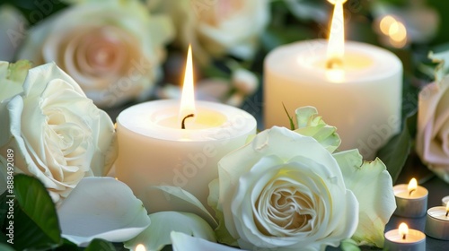 Funeral Memorial and Sympathy Card: White Candles, Roses, and Petals