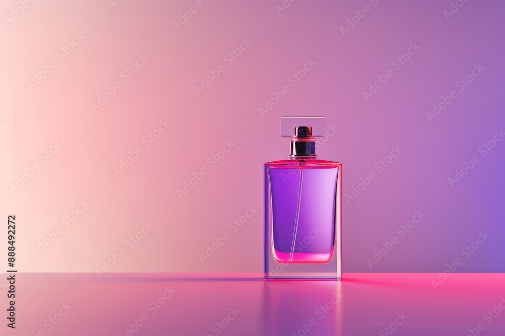 Perfume bottle with pink and purple gradient background, side angle Perfume bottle with pink and purple gradient background, side angle