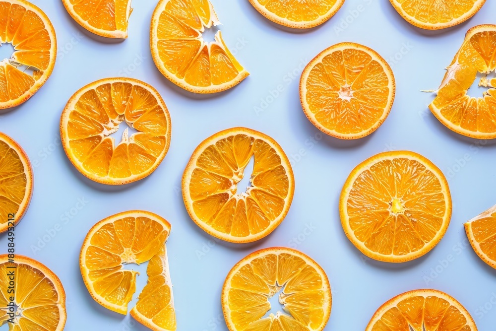 A refreshing flat lay of juicy orange slices against a light blue background. A refreshing flat lay of juicy orange slices against a light blue background.