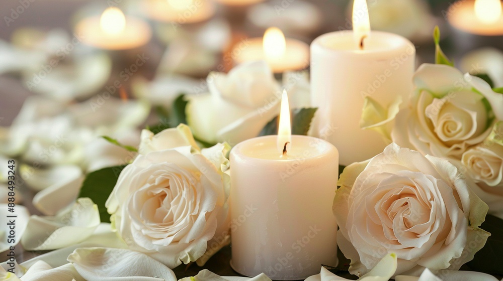 White Candles, Roses, and Petals: Funeral Memorial and Sympathy Card