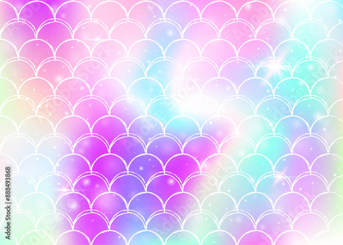 Princess mermaid background with kawaii rainbow scales pattern. Fish tail banner with magic sparkles and stars. Sea fantasy invitation for girlie party. Creative princess mermaid backdrop.