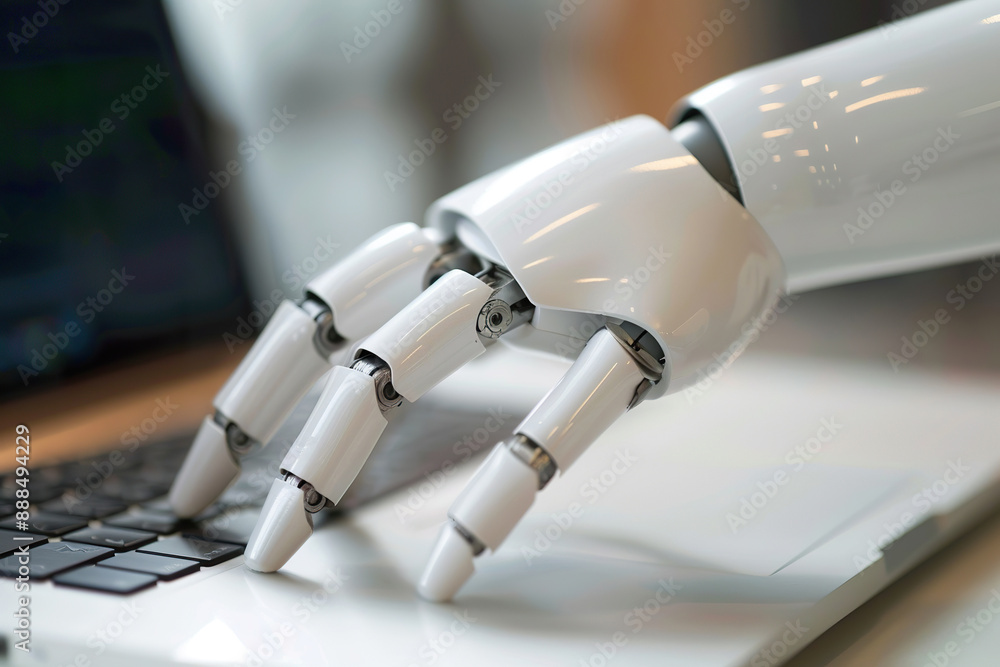 A robotic hand is typing on a laptop keyboard, generative ai image. A robotic hand is typing on a laptop keyboard, generative ai image.