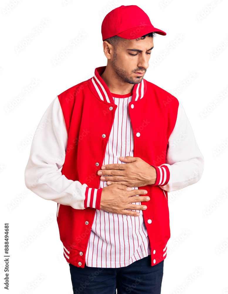 Young hispanic man wearing baseball uniform with hand on stomach because indigestion, painful illness feeling unwell. ache concept. Young hispanic man wearing baseball uniform with hand on stomach because indigestion, painful illness feeling unwell. ache concept.