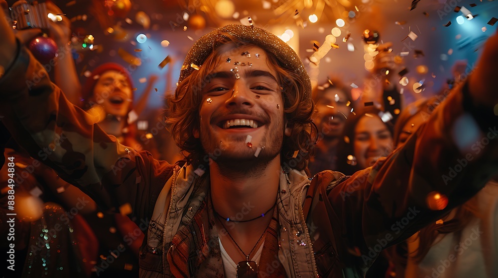 young man celebrating New Years Eve with friends in a club young man celebrating New Years Eve with friends in a club