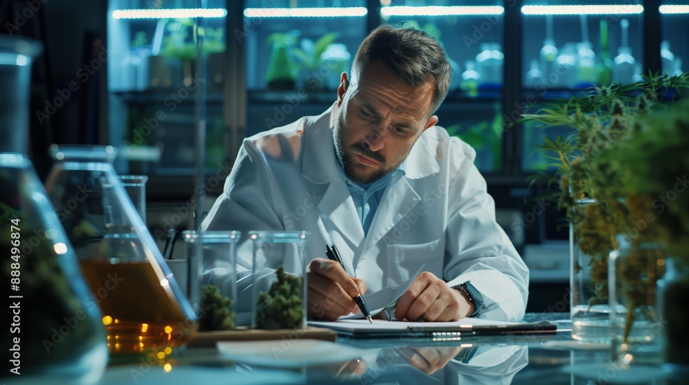Scientist examining marijuana samples in a laboratory Scientist examining marijuana samples in a laboratory