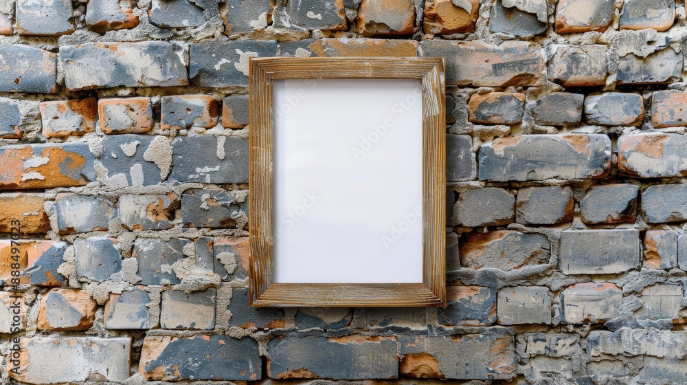 Naklejka premium Wooden photo frame on brick wall suitable for displaying objects