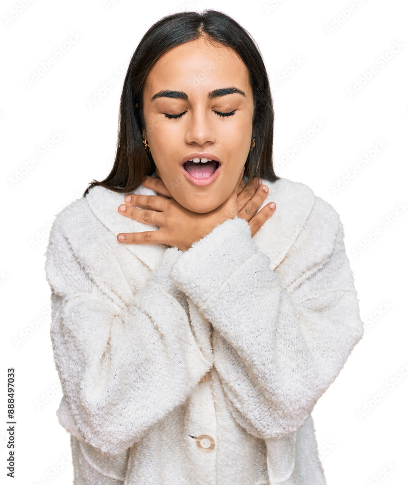 Young brunette woman wearing casual clothes shouting and suffocate because painful strangle. health problem. asphyxiate and suicide concept. Young brunette woman wearing casual clothes shouting and suffocate because painful strangle. health problem. asphyxiate and suicide concept.