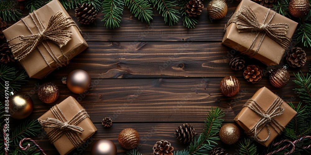 Rustic Christmas Gifts Arranged on Wooden Table with Festive Decorations Rustic Christmas Gifts Arranged on Wooden Table with Festive Decorations