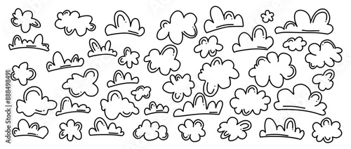 Cute clouds doodle line vector icons bundle on white background. Sky beauty and weather effect hand drawn monochrome illustration set