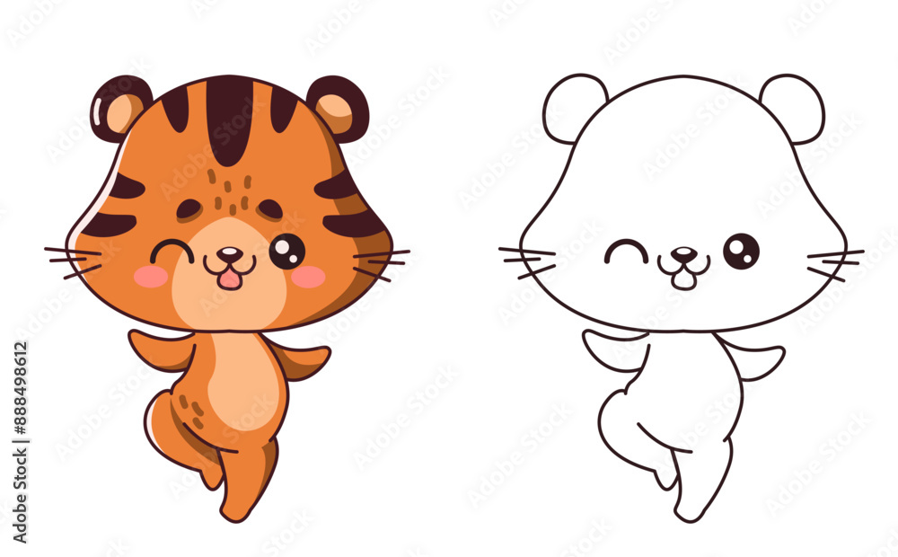 Obraz premium Playful tiger dancing ballet cartoon character of coloring page. Winking exotic animal having fun at party colorful and linear illustrations