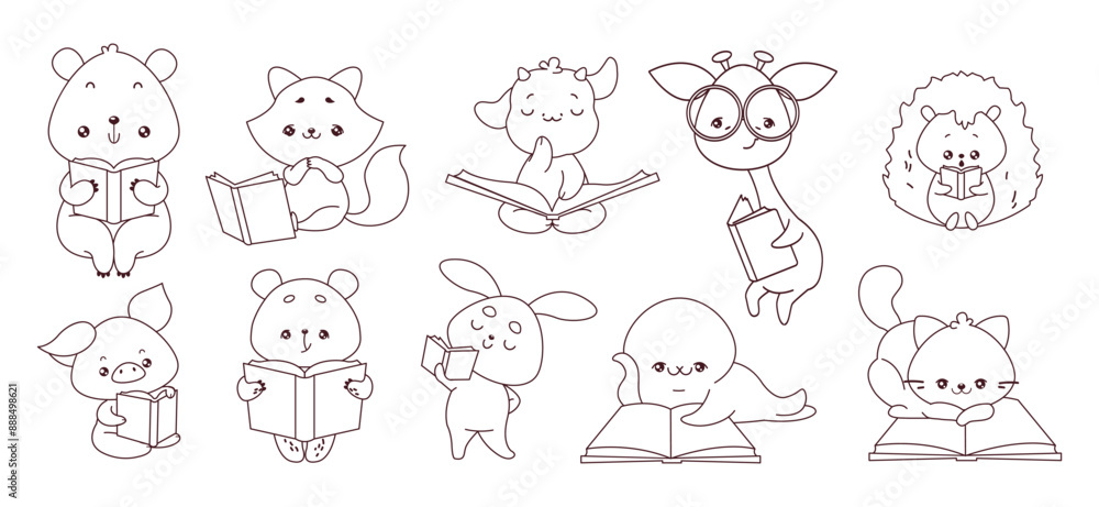 Linear illustrations of cute animal readers on white background. Images promote literacy and learning in fun and appealing way for elementary school Linear illustrations of cute animal readers on white background. Images promote literacy and learning in fun and appealing way for elementary school