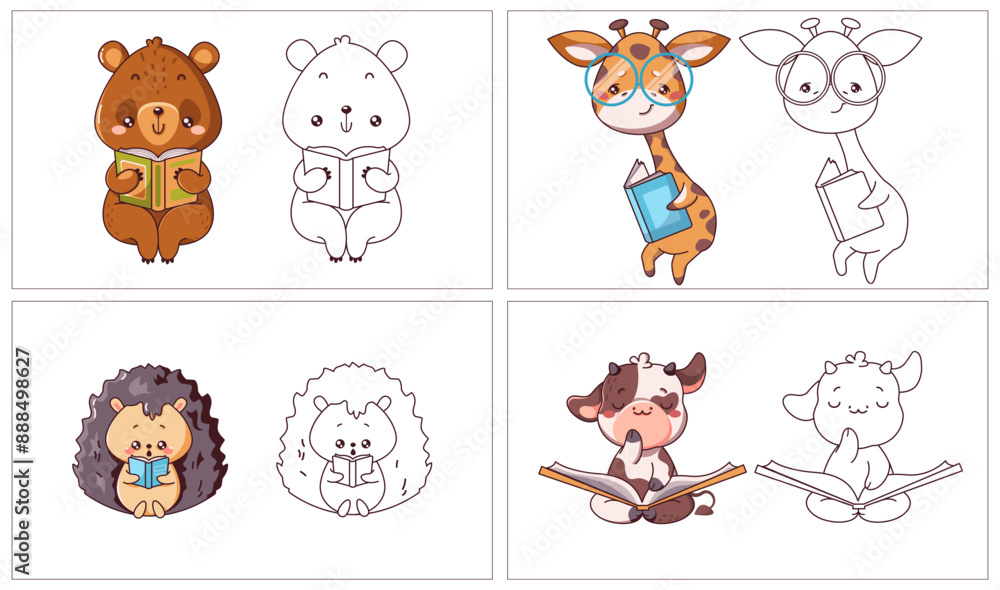 Cute animals reading books 2D cartoon characters set. Elementary school decor cute personages coloring pages color and linear illustrations Cute animals reading books 2D cartoon characters set. Elementary school decor cute personages coloring pages color and linear illustrations