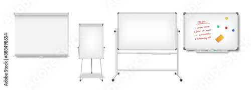 Office presentation boards collection on white background. Whiteboards used for meetings presentations and collaborative work 3d objects