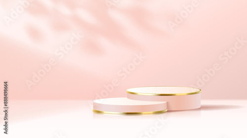 Blank step podium with leaves shadow realistic vector illustration. Circle base with golden rim for products 3d object on pink background