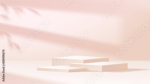 Advertising podium and palm shadow realistic vector illustration. Empty products demonstration stand 3d object on beige background