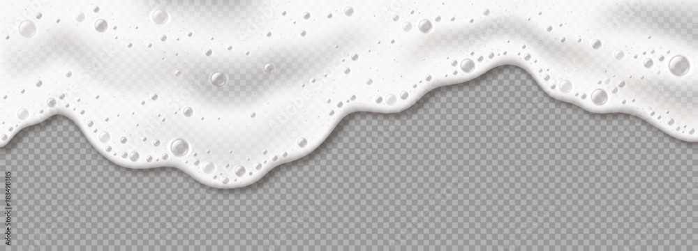 Foam wavy flow with small bubbles realistic vector illustration. Cleaning routine. Cosmetic product froth 3d object on transparent background Foam wavy flow with small bubbles realistic vector illustration. Cleaning routine. Cosmetic product froth 3d object on transparent background