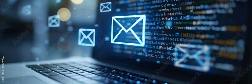 Sleek laptop design featuring radiant email icon and ethereal envelope halo for an elegant touch Sleek laptop design featuring radiant email icon and ethereal envelope halo for an elegant touch