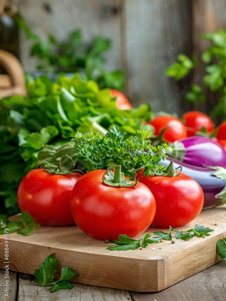 Fresh Organic Vegetables on Wooden Cutting Board in Rustic Kitchen Setting Fresh Organic Vegetables on Wooden Cutting Board in Rustic Kitchen Setting