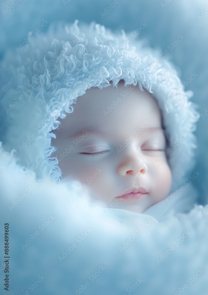Peacefully Sleeping Baby in Cozy Blue Outfit with Fluffy Hood Peacefully Sleeping Baby in Cozy Blue Outfit with Fluffy Hood