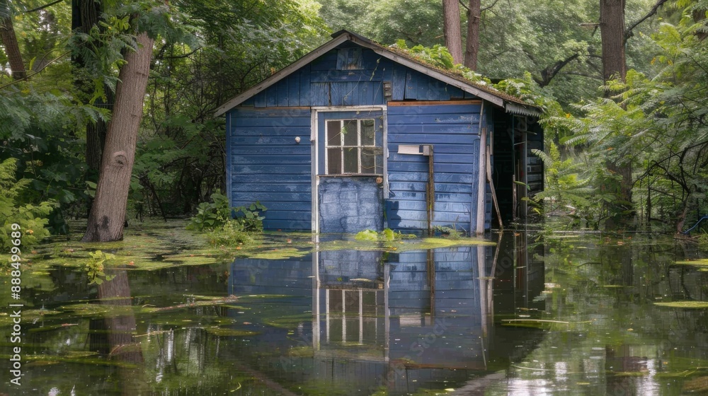 Submerged Garden Shed - Water Damage and Backyard Flood Consequences Submerged Garden Shed - Water Damage and Backyard Flood Consequences